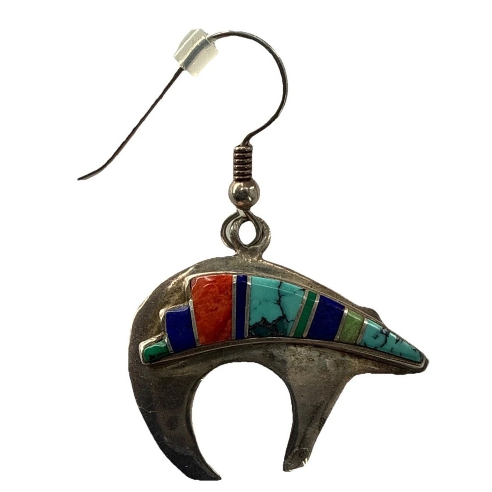 Navajo Rick Tolino Sterling Silver Dangle Drop Earrings Inlay Bear